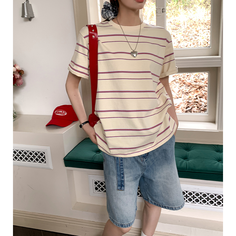 Real shot #Striped short-sleeved T-shirt for women in summer new design niche loose casual top for women
