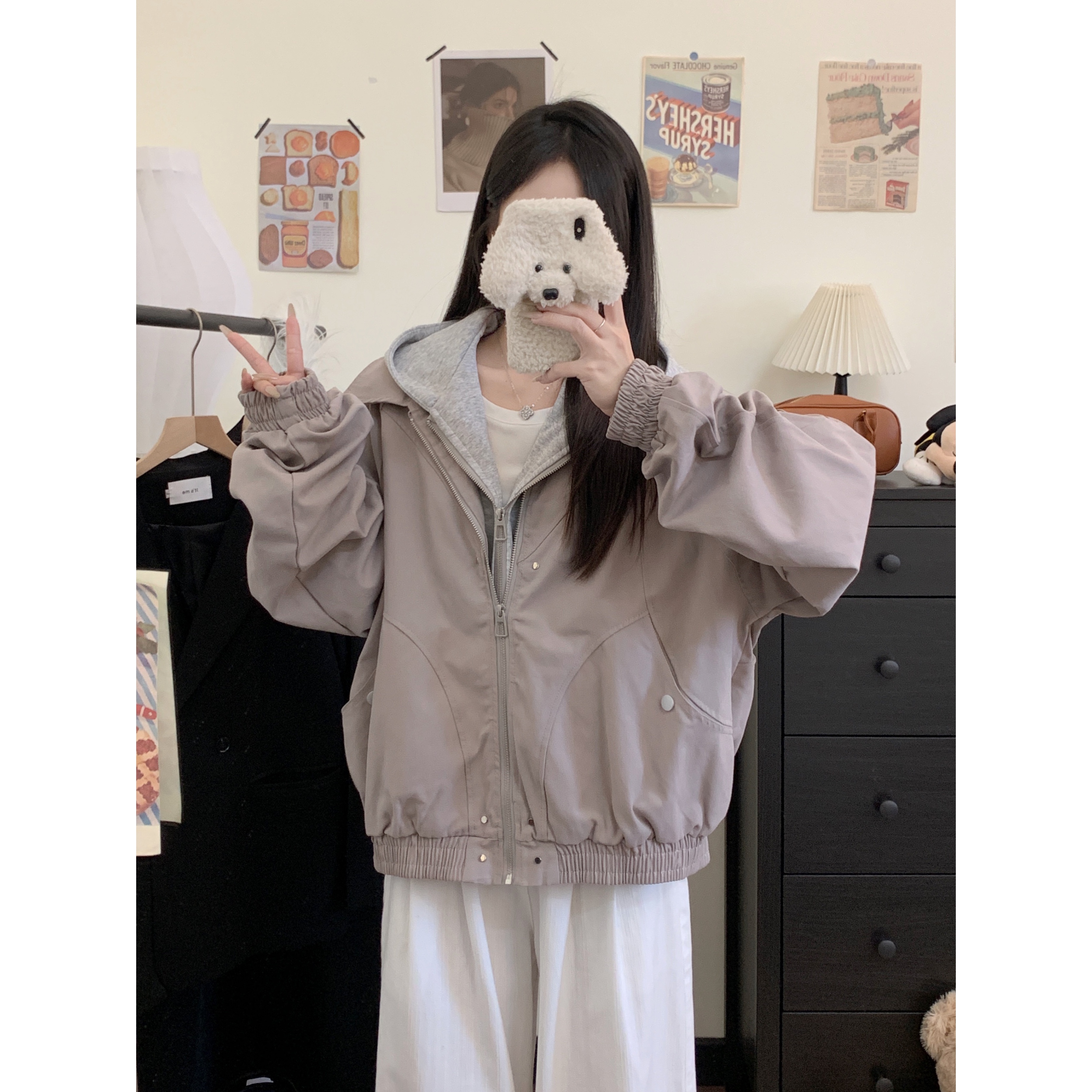 實拍美式復古假兩件連帽夾克女新款春季寬鬆設計感短款工裝外套