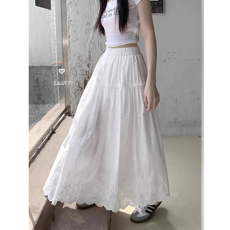 甜美風鈎花刺繡白色半身裙春夏款高腰A字裙仙女大擺裙