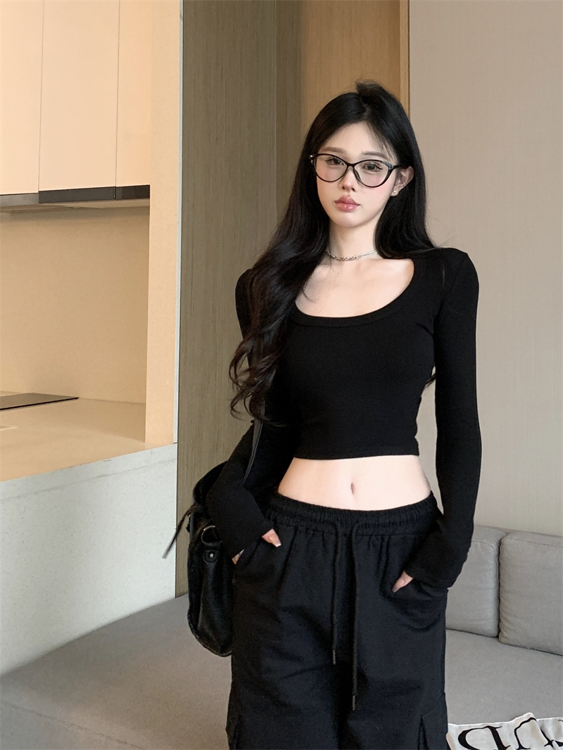 Real shot!  !  Hot girls short T-shirt for women with slim slim elastic solid color short long-sleeved U-neck top