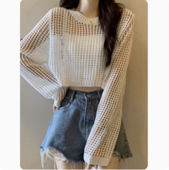 大碼女裝寬鬆短款鏤空防曬針織衫女春季新款微胖白色薄款防曬罩衫