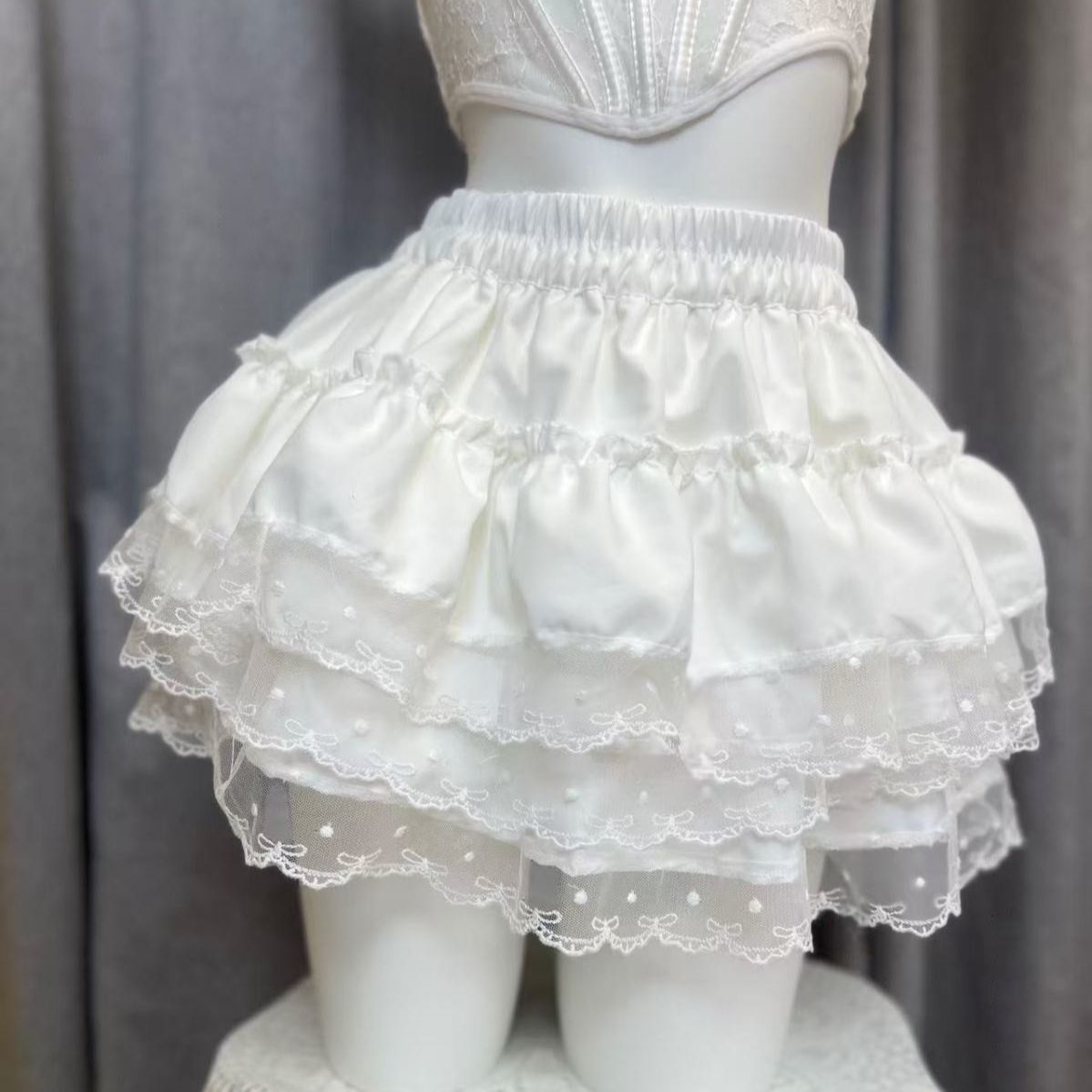 Original Sweet Style Lace Patchwork Cake Skirt Semi Skirt High-Waisted Versatile Slimming A-Line Fluffy Short Skirt