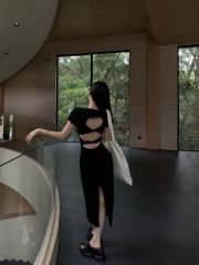 歐美性感辣妹露背修身連衣裙女夏季新款設計感緊身開叉包臀長裙子