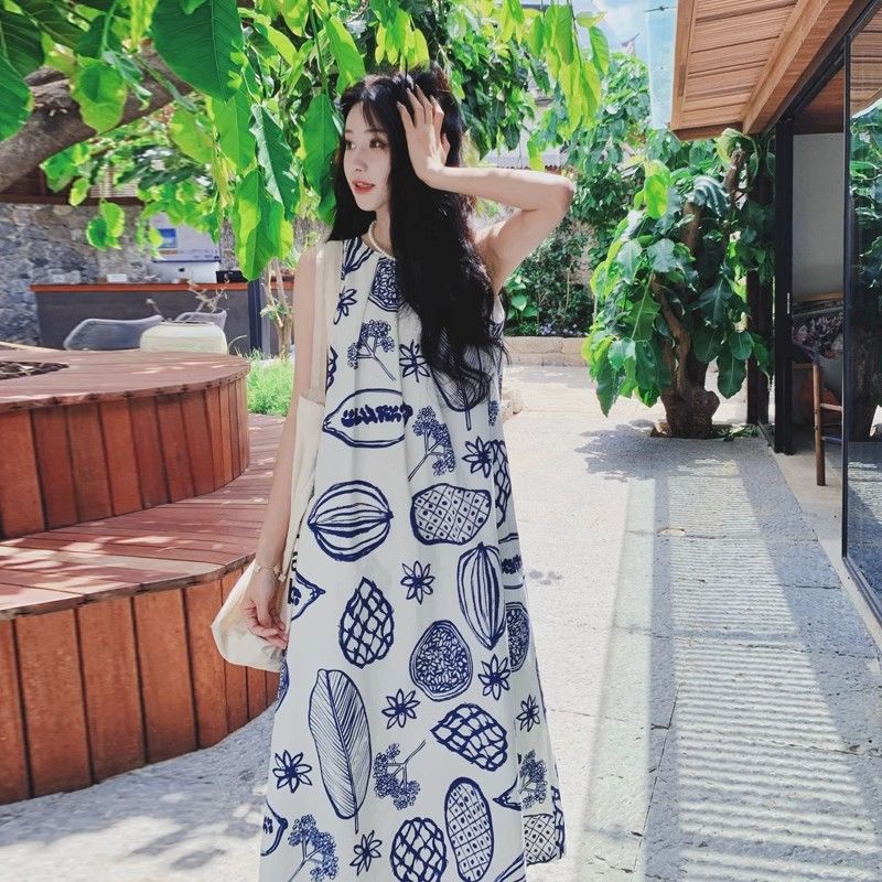 輕熟風海邊度假休閒文藝范印花長裙女夏季新款溫柔氣質無袖連衣裙