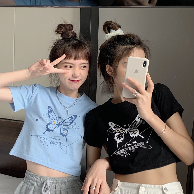 韓國外貿閨蜜裝短款短袖t恤女韓版寬鬆露臍原宿風緊身上衣ins潮