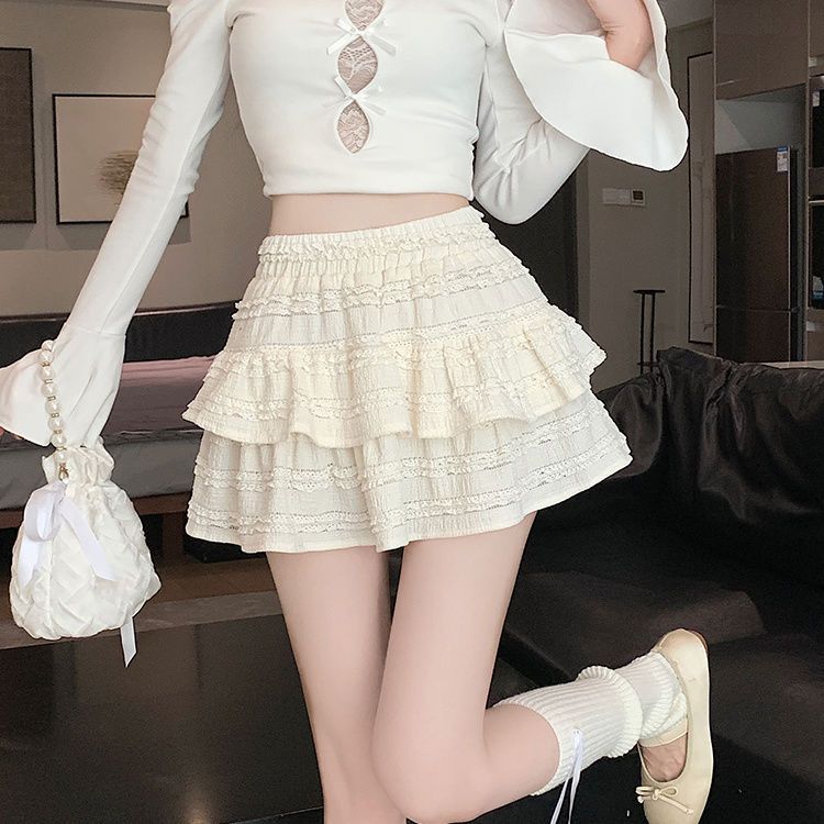 白色芭蕾風蓬蓬短裙女夏季新款辣妹蛋糕裙高腰顯瘦a字蕾絲半身裙