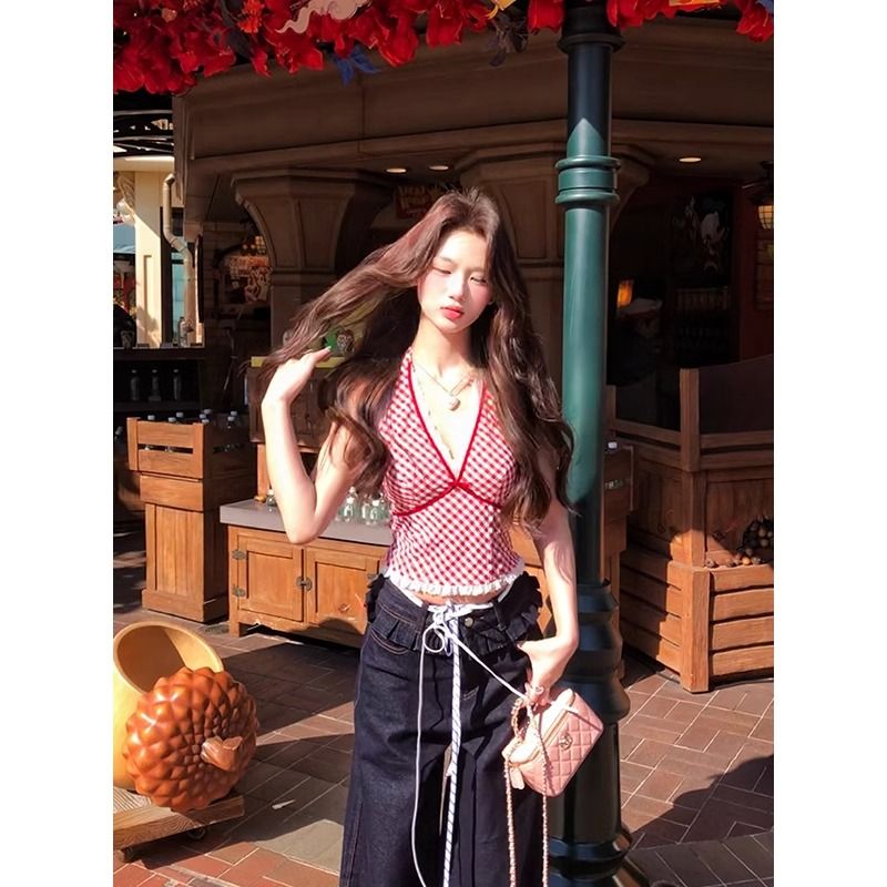 12YE 紅色小眾格子背心吊帶女夏季拼接蕾絲內搭性感掛脖辣妹上衣