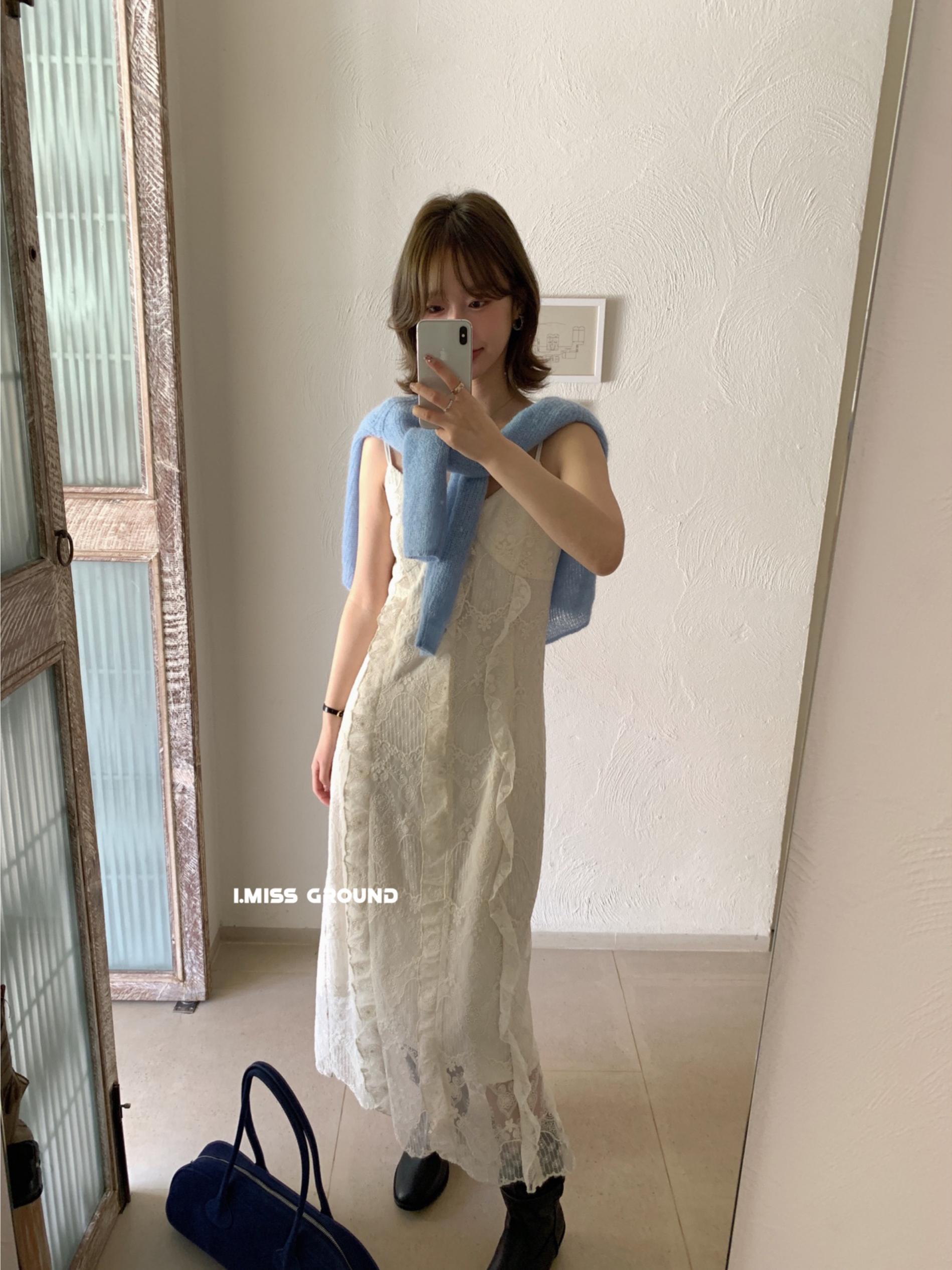 I MISS法式蕾絲吊帶連衣裙女2025早春收腰氣質漂亮仙女裙性感長裙