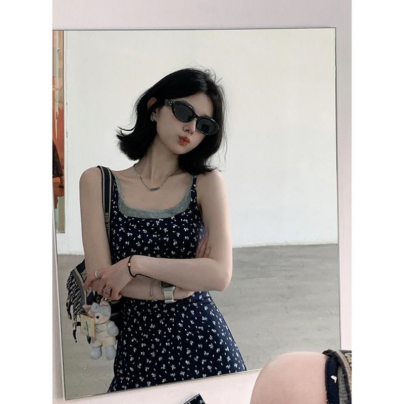 原版做法國潮碎花假兩件吊帶連衣裙女夏中長款設計百搭感長裙