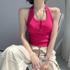 吊帶背心帶胸墊夏季新款外穿百搭多巴胺掛脖紐扣別致美背上衣