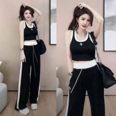 Fashion Summer New No-Sleeve Short-Sleeve Backless Top T-Shirt Casual Wide-Leg Pants Long Pants Two-Piece Set