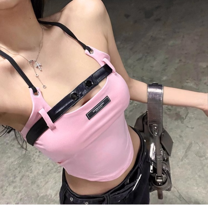 Summer sweet hot girl's personalized belt splicing hollow suspender vest women's short slimming irregular top