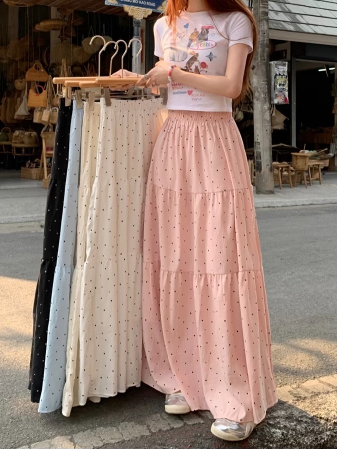 Real shot of the new French gentle style high-level polka dot big skirt hem long skirt