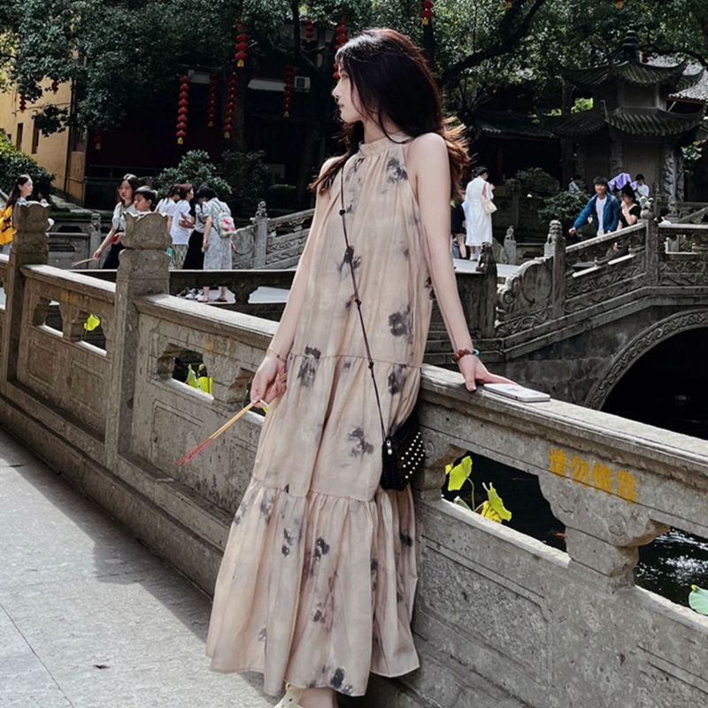New Chinese style ink stained neck off-shoulder dress UMA style loose design sleeveless gentle long skirt