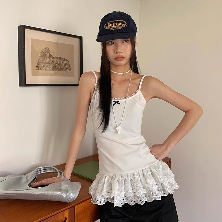 法式白色吊帶背心女夏季蕾絲花邊下擺修身疊穿內搭小上衣