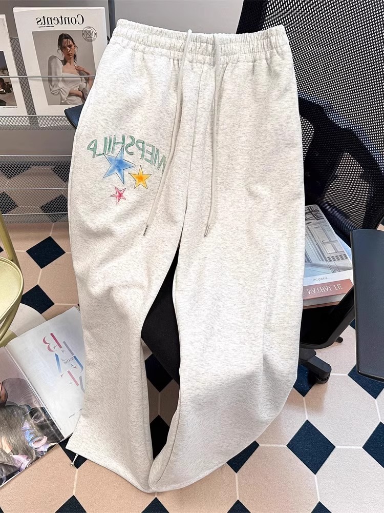 大碼S4XL 美式塗鴉星星休閒運動褲寬鬆bf慵懶風直筒闊腿長褲
