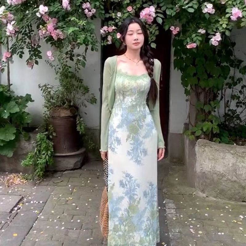 EI堯花開半夏新中式復古花連衣裙女夏開衫吊帶裙兩件套