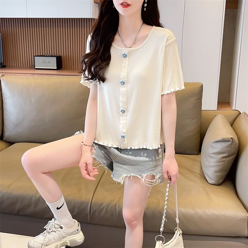 First-time real photo, polyester 100 new versatile round neck solid color loose top for women's fashion T-shirt