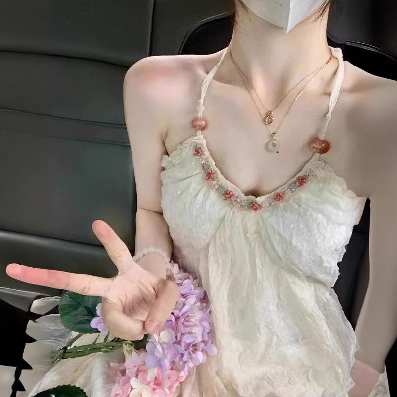 純欲風掛脖雪紡連衣裙女夏季海邊度假沙灘裙法式露背裙子白色長裙