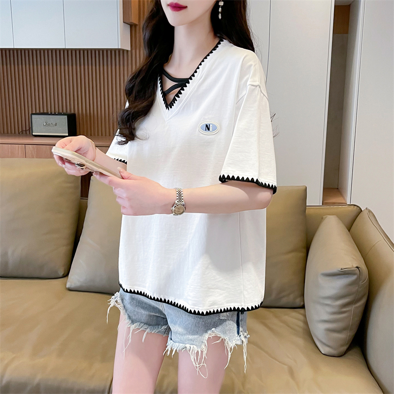 Real-life shooting street quality cotton short-sleeved T-shirt for women in summer medium and long trendy new V-neck top large size women's clothing