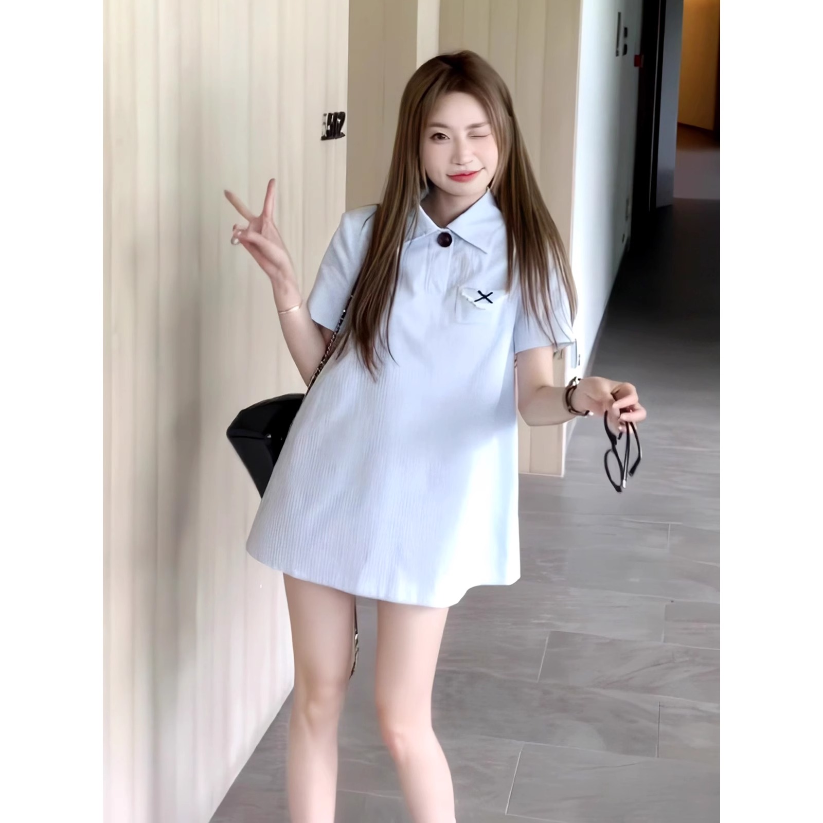 韓系學院風條紋短袖襯衫連衣裙女夏季polo領寬鬆顯瘦A字短款裙子