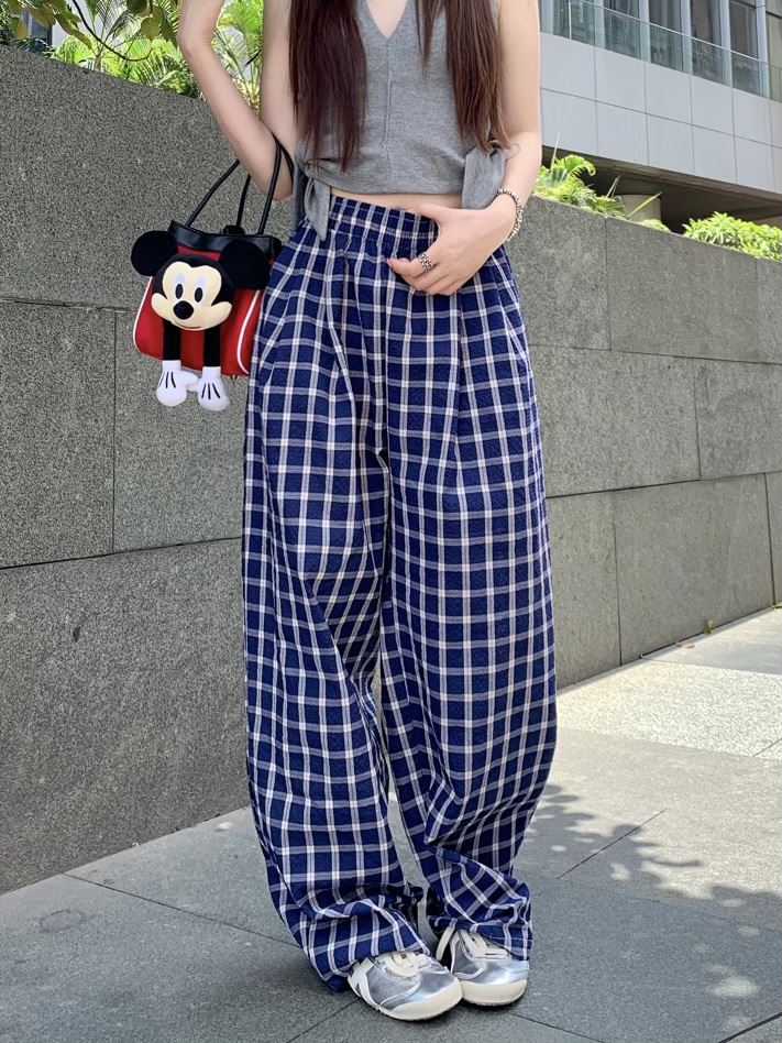 Real shot, new Korean version of retro plaid casual high-waisted slim and versatile straight wide-leg pants