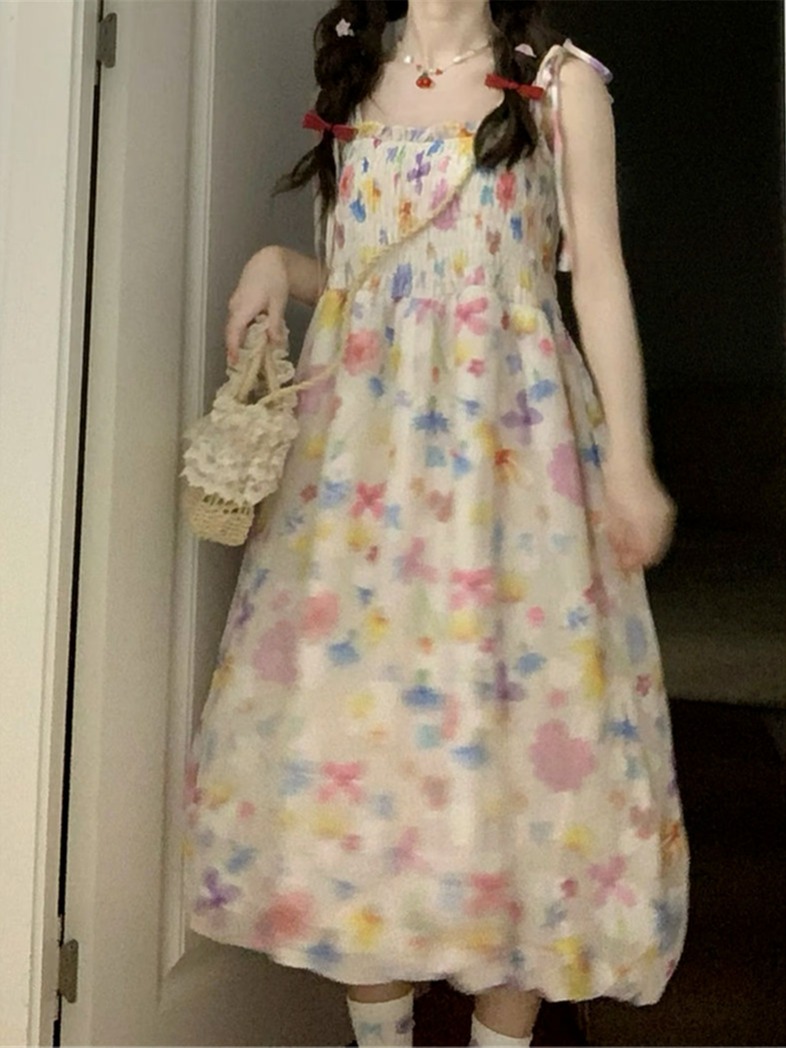 夏季新款大碼微胖甜美碎花吊帶裙胖mm法式溫柔中長款連衣裙子