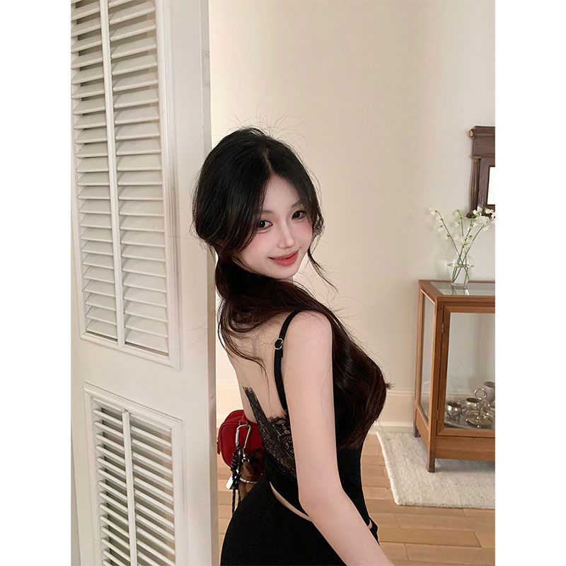 Morning necklace spliced ​​beautiful back suspender vest for women with slim fit inner and chest pad pure black base top