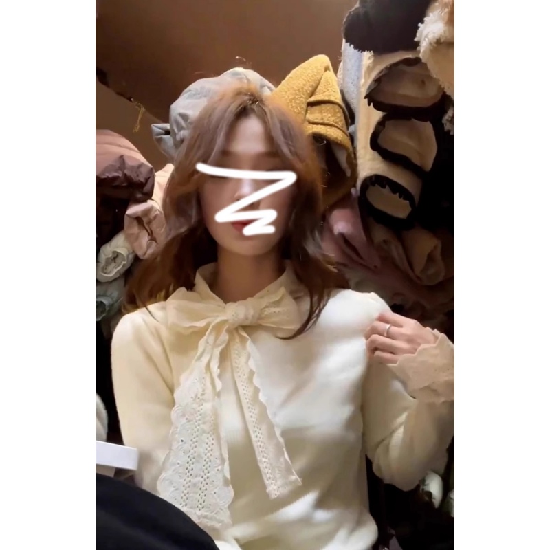 2*2慕斯羊絨蝴蝶結白色蕾絲內搭打底衫女秋冬小眾上衣