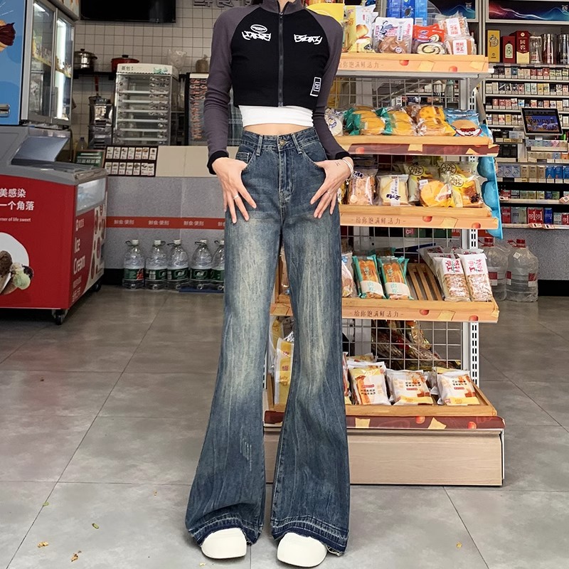 American retro jeans for women in spring and autumn new design with high waist loose and not fitting legs slimming bell-bottom pants
