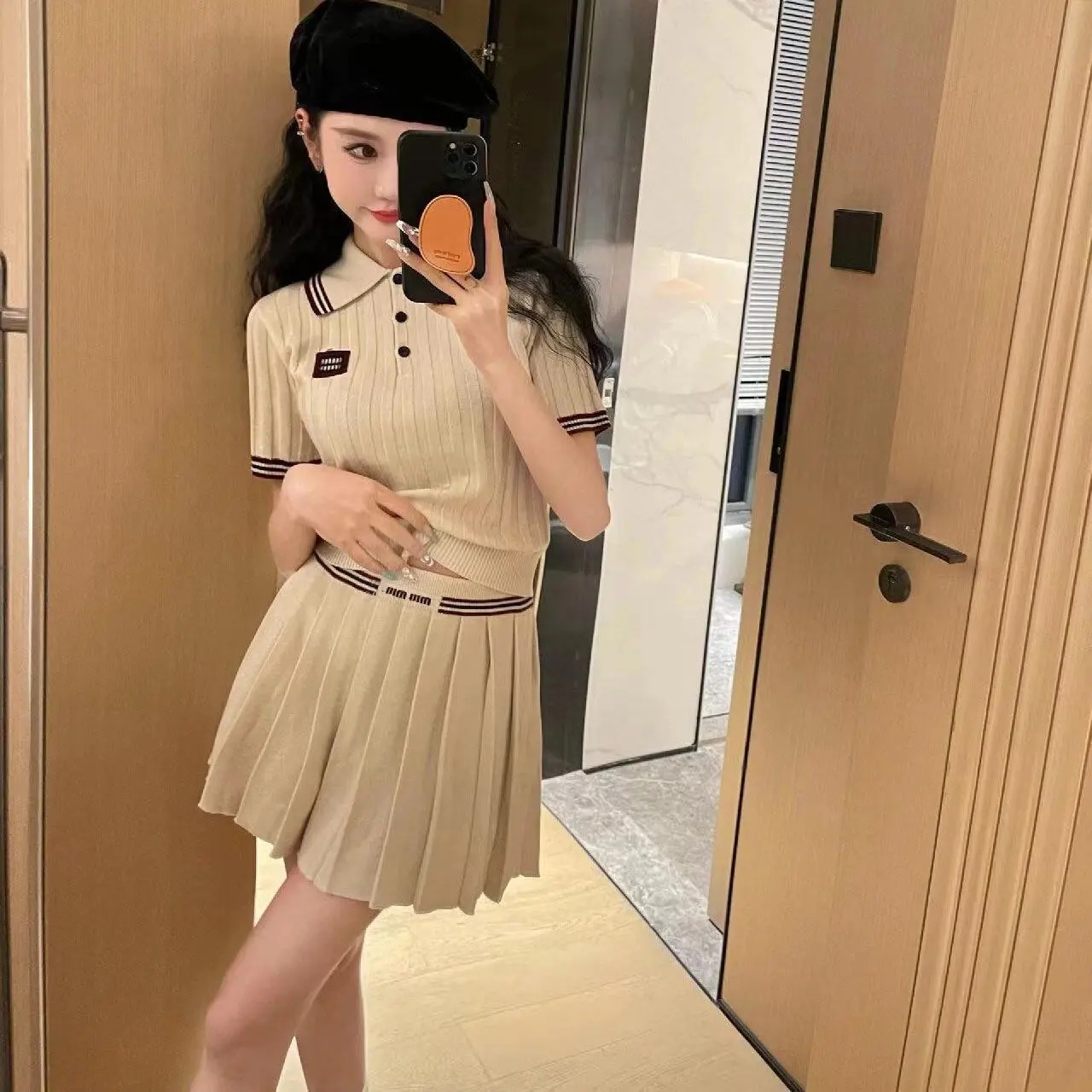 Tmall Quality 2025 Summer New Striped Short-Sleeve Polo Neck Knit Top and Pleated Skirt Two-Piece Set