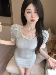 Lace lace square neck short sleeve dress for women with spring sweet hot girl sexy waist pack hip skirt tight one step short skirt