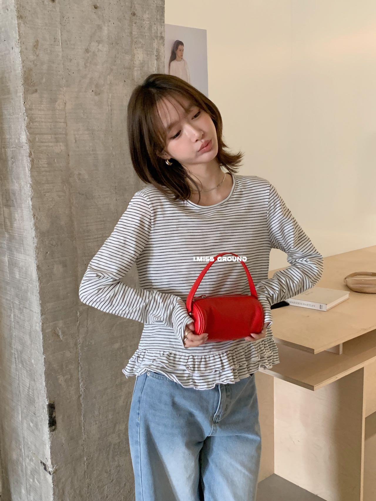 2025春季韓系條紋打底衫設計感上衣小個子小眾荷葉邊t恤女