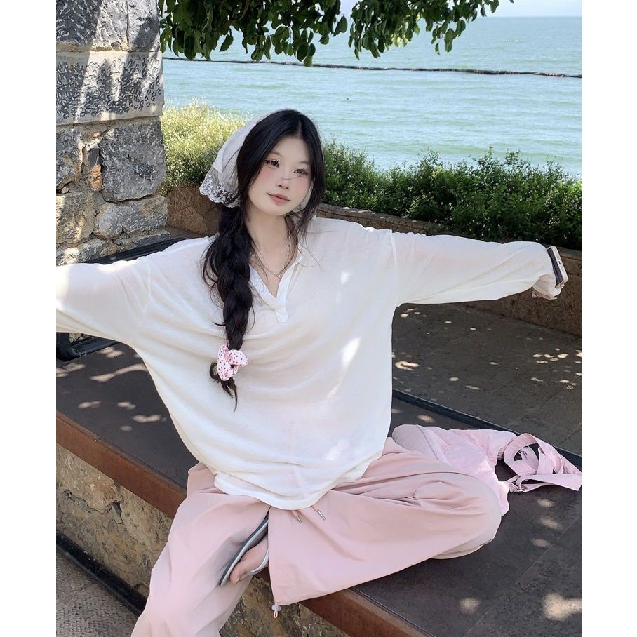 Snowflake laziness white half-open collar gauze sunscreen blouse women's loose long-sleeved top