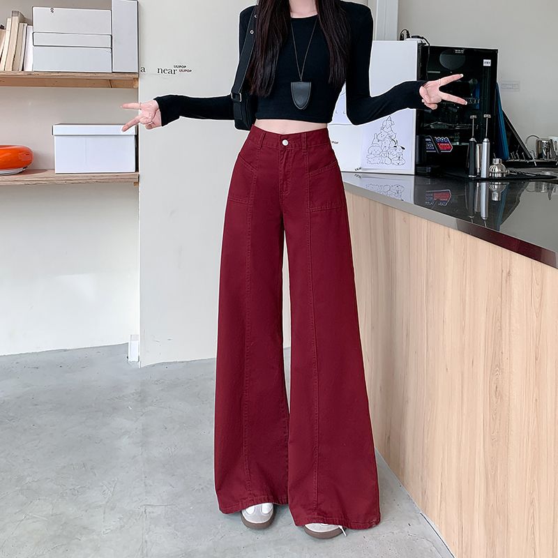 實拍~美式安可拉紅色微喇叭牛仔褲女新款寬鬆顯瘦高腰闊腿褲