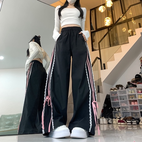Real shot of lace bow straps sweatpants jazz dance pink striped retro wide-leg straight casual pants