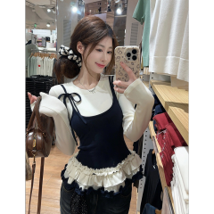 撞色假兩件長袖T恤女春季別致花邊收腰內搭打底衫上衣