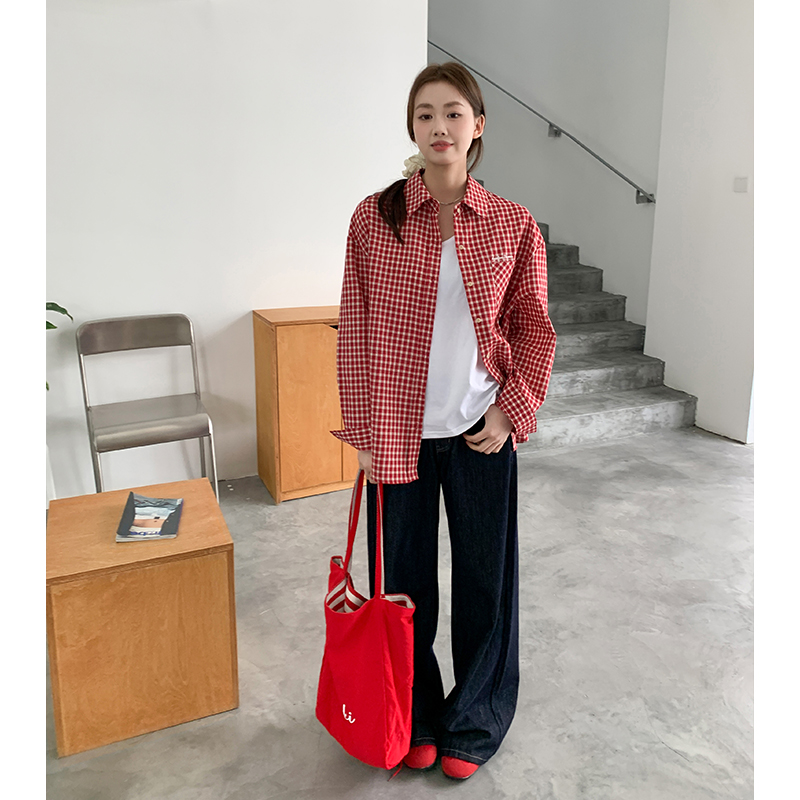 Real photo embroidered plaid shirt for women in spring design niche 2025 new loose top cardigan women