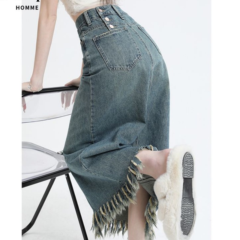 Women's Spring Summer Trendy New Pear-Shaped Slimming Fringe High-Waist Medium-Length Booty Curve Skirt