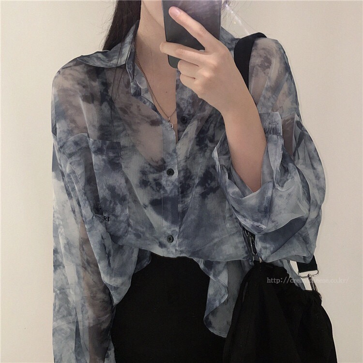 韓國chic 設計感超仙扎染長袖襯衫夏天韓版百搭寬鬆防曬襯衫