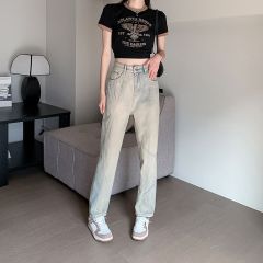 Vintage American Style High-Street Yellow Mud-Stained Women's New Trend Niche Slim Straight Leg Pants