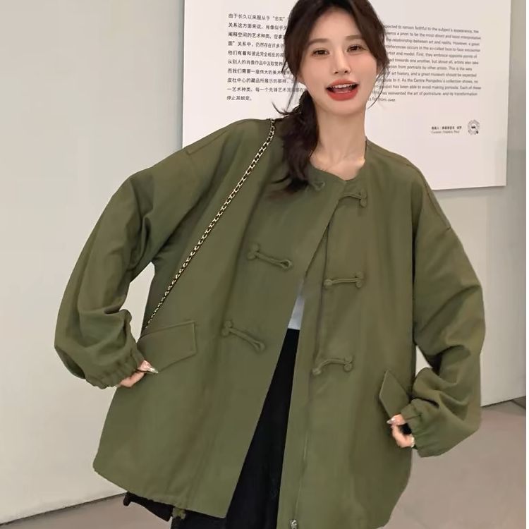 韓國新中式國風軍綠色工裝風衣外套女春秋2025新款盤扣上衣夾克