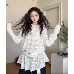 韓系甜酷辣妹長袖連帽白色T恤女春季別致小眾寬鬆鏤空中長款上衣