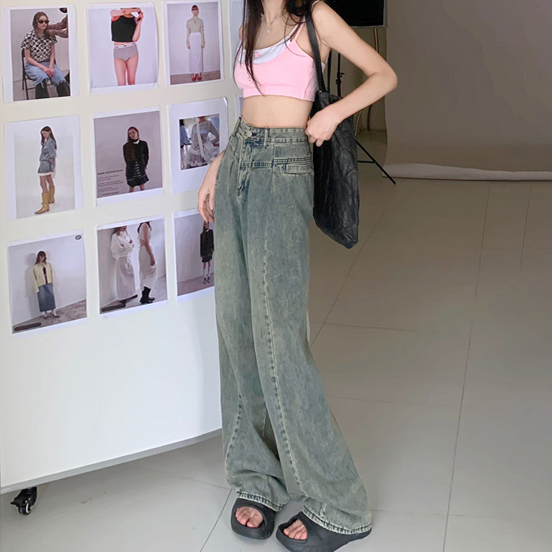 2025夏季垂感牛仔褲淺藍色設計感高腰辣妹小個子寬鬆直筒拖地闊