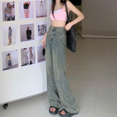 2025夏季垂感牛仔褲淺藍色設計感高腰辣妹小個子寬鬆直筒拖地闊
