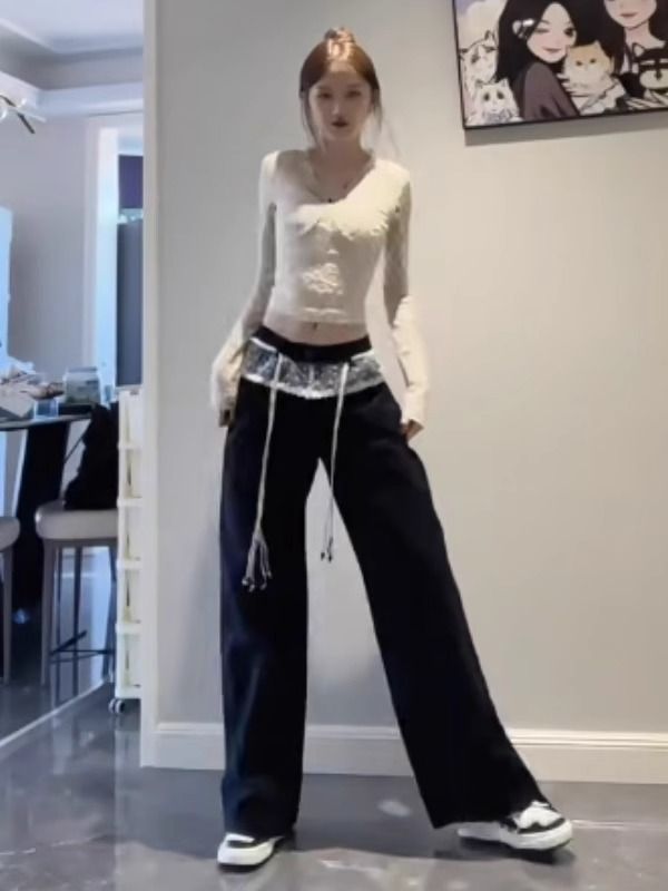 西裝腰頭蕾絲拼接小眾設計感牛仔褲女春季高級感長褲