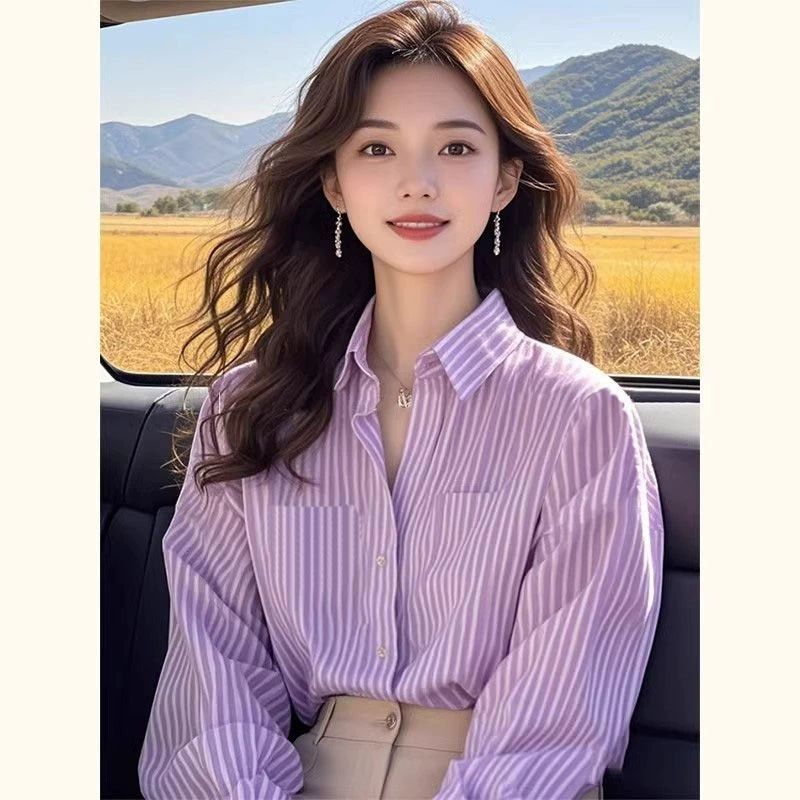 法式設計感超好看紫色條紋長袖襯衫寬鬆慵懶風春秋季女款2025新款