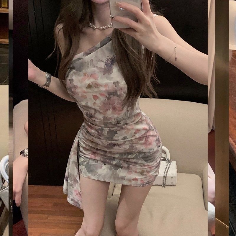 French pure and sexy off-shoulder dress for women summer high-end floral one-shoulder design waist-hugging sexy hip-pack skirt