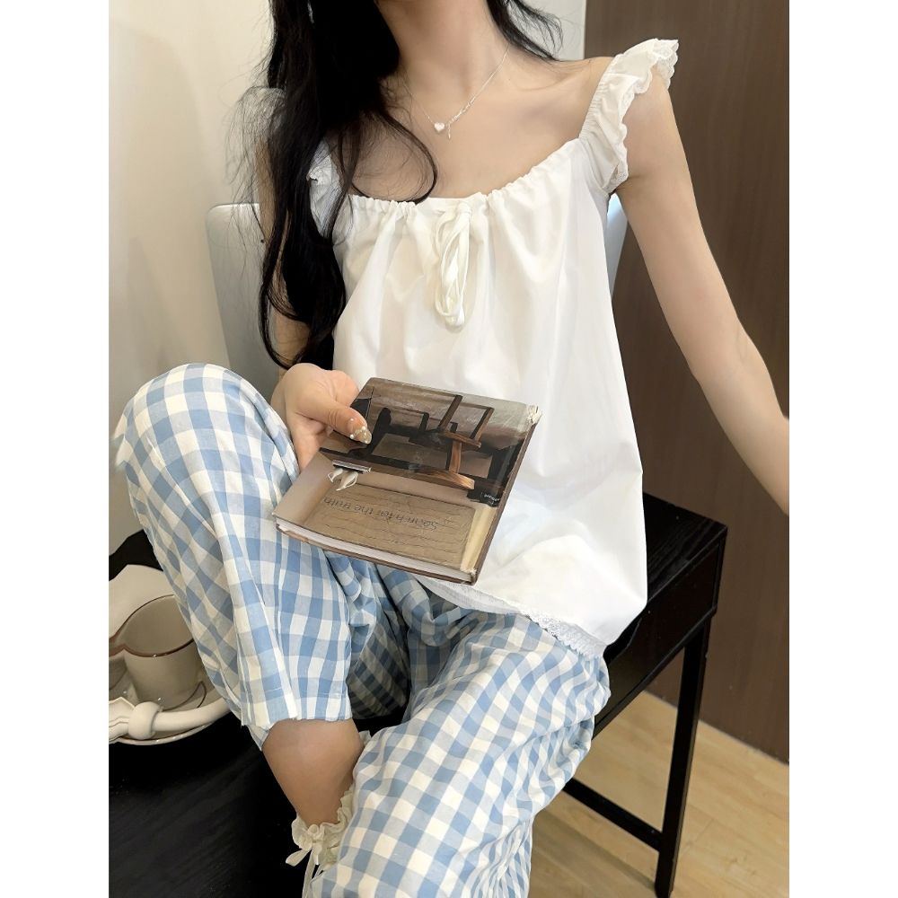 Sweet flying sleeves white small flying sleeve suspender vest summer age-reducing design lace lace loose top