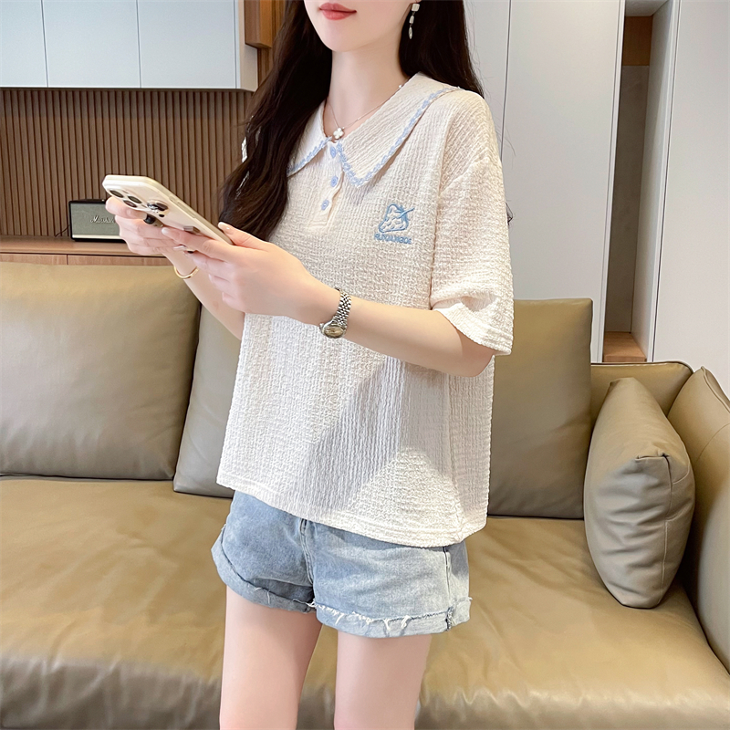 First real-time imitation cotton bubble short-sleeved T-shirt new doll collar top loose T-shirt for women